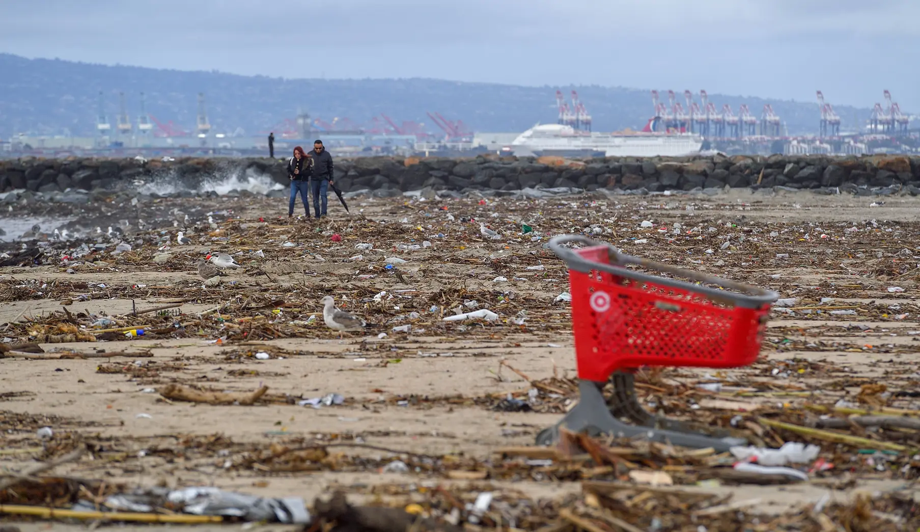 Target shopping cart is seen in the foreground of two people walking along a beach covered in plastic. 